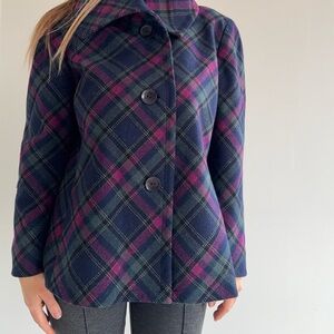 Talbots Plaid Wool Blend Short Coat S/M Burgundy Lilac Navy Green